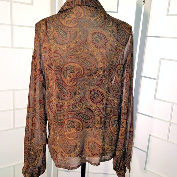 Ellen Tracy Sheer Silk Paisley Button Front Ruffle - Picture 3 of 10